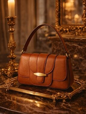 Time and Tru Chestnut Faux Leather Shoulder Bag with Gold Hardware